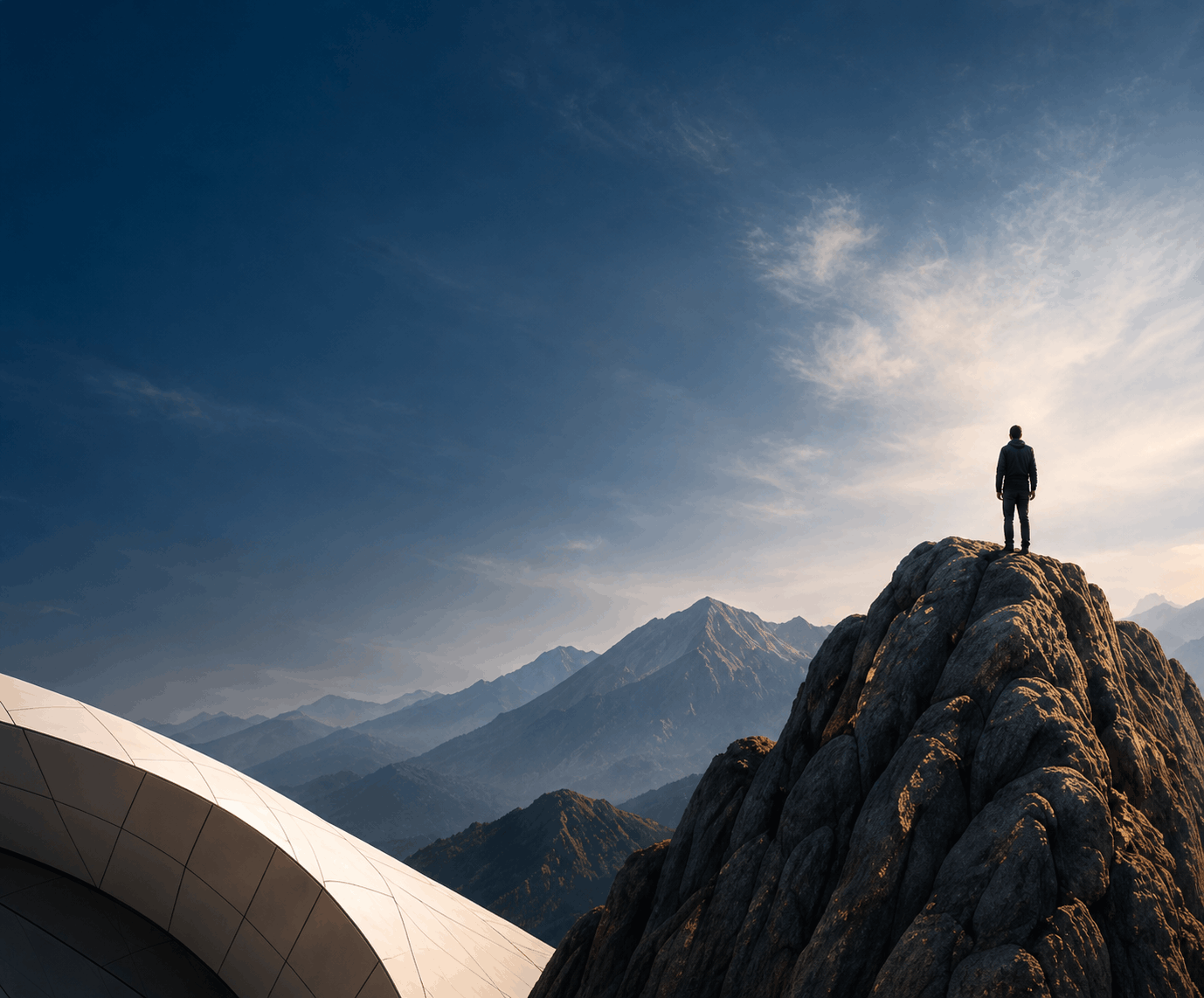 Explorer standing on a mountain ridge
